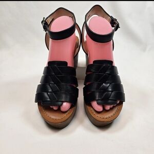 Marc Fisher Pastya Woven Leather Wedges with Ankle Strap- Black, US 10 M
